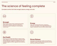 Advertisement for a nutrition product highlighting strength, energy, gut health, and stress release benefits.