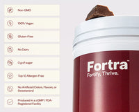 Fortra supplement container with chocolate on top and nutritional information on the side.