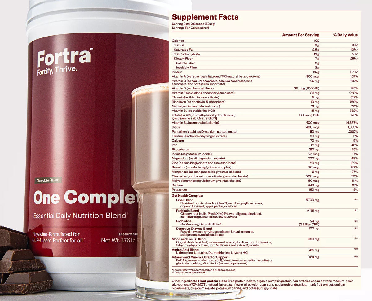 Fortra supplement container with nutritional information on a white background