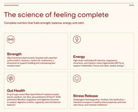 Advertisement for a nutrition product highlighting strength, energy, gut health, and stress release benefits.