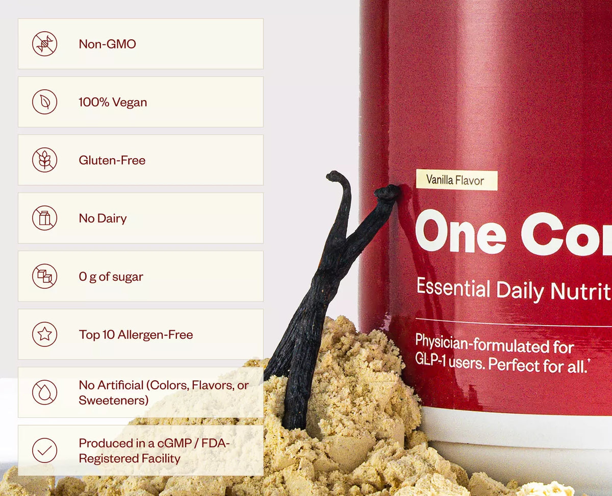 Red container labeled 'One Com' with vanilla flavor details and nutritional information on a white background.