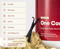Red container labeled 'One Com' with vanilla flavor details and nutritional information on a white background.