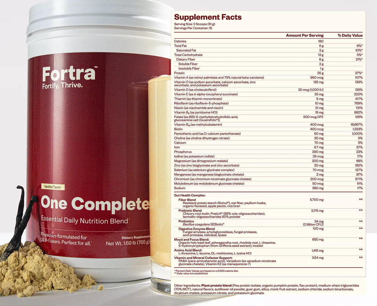 Fortra supplement container with nutritional information on a white background