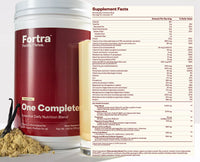 Fortra supplement container with nutritional information on a white background